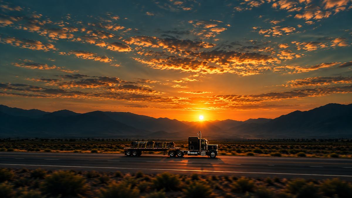 A flatbed truck on a desert highway at sunset